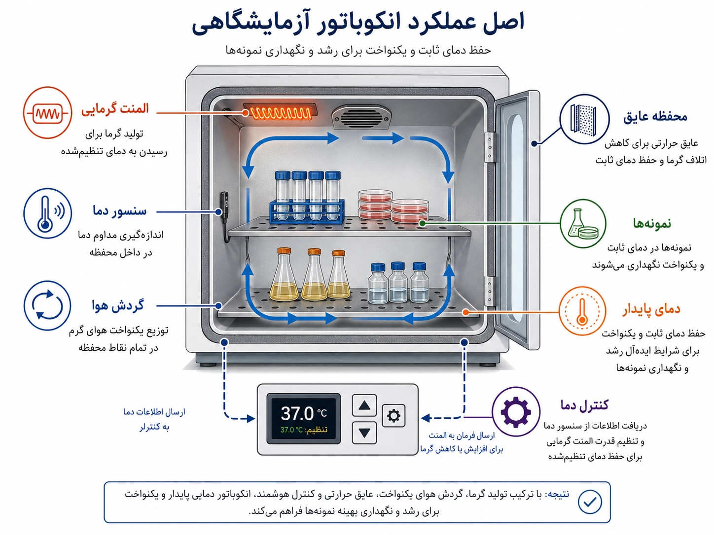 اصول عملکرد انکوباتور آزمایشگاهی شامل کنترل دما، گردش هوا و نگهداری نمونه‌ها