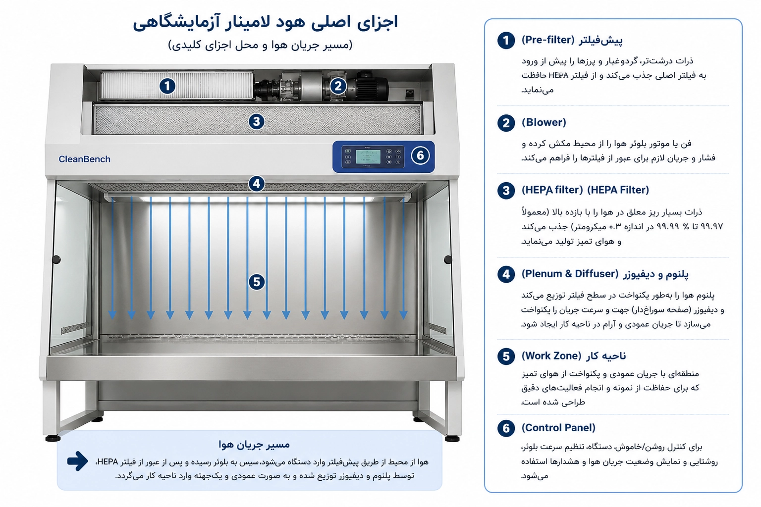 اجزای اصلی هود لامینار آزمایشگاهی شامل پیش‌فیلتر، بلوئر، فیلتر HEPA، دیفیوزر، ناحیه کار و پنل کنترل